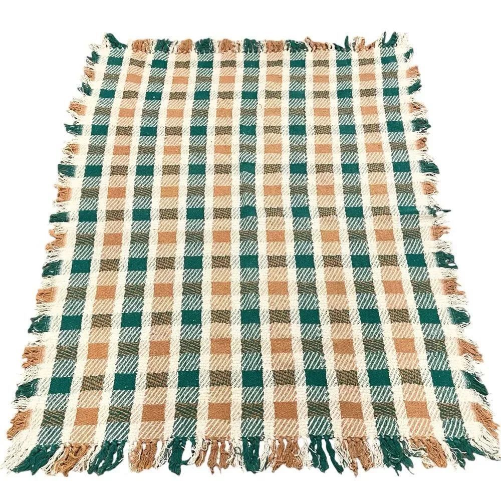 Boho Checkered Throw Blanket with Fringe in Blue and White